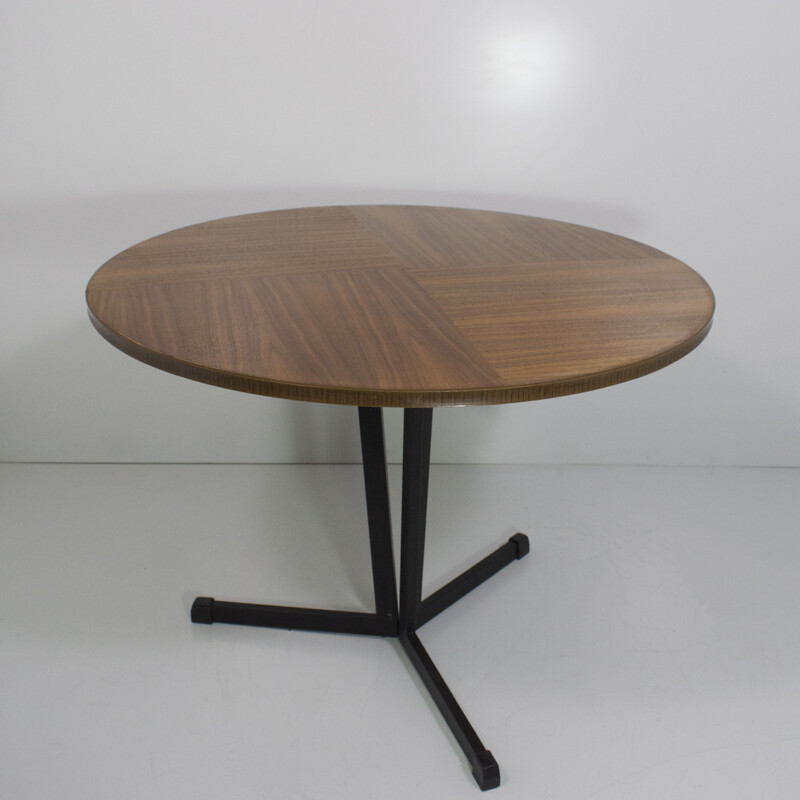 Vintage round coffee table in wood and black lacquered metal 1960