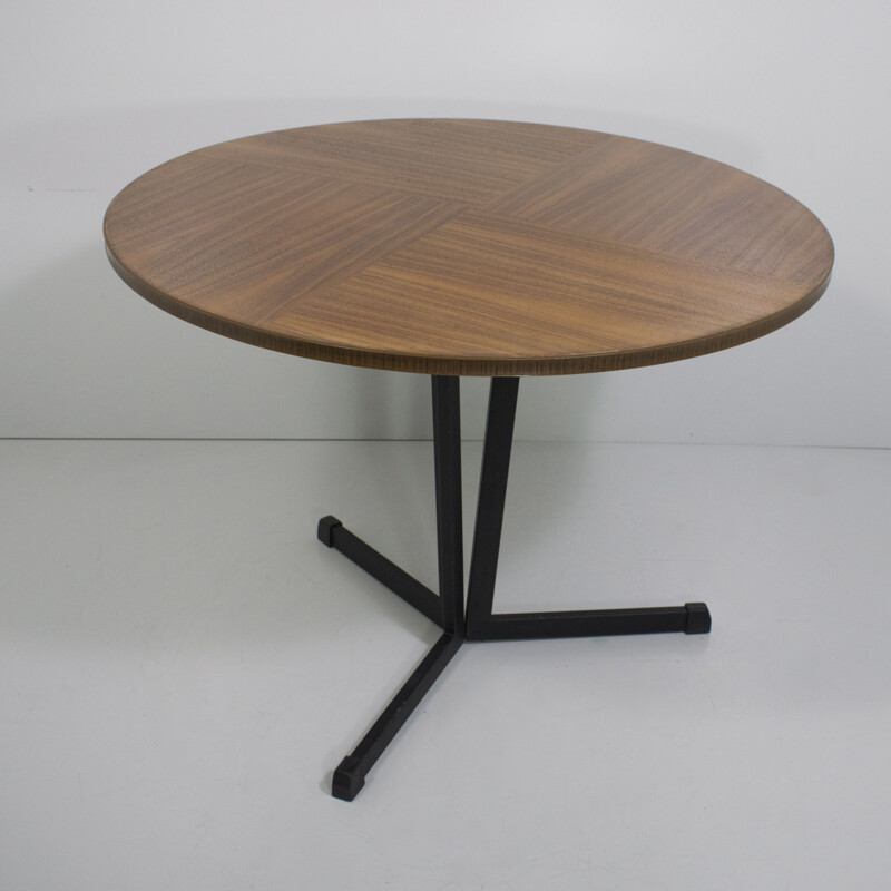 Vintage round coffee table in wood and black lacquered metal 1960