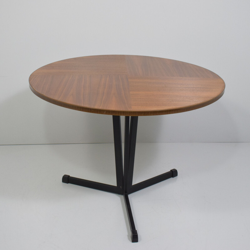 Vintage round coffee table in wood and black lacquered metal 1960