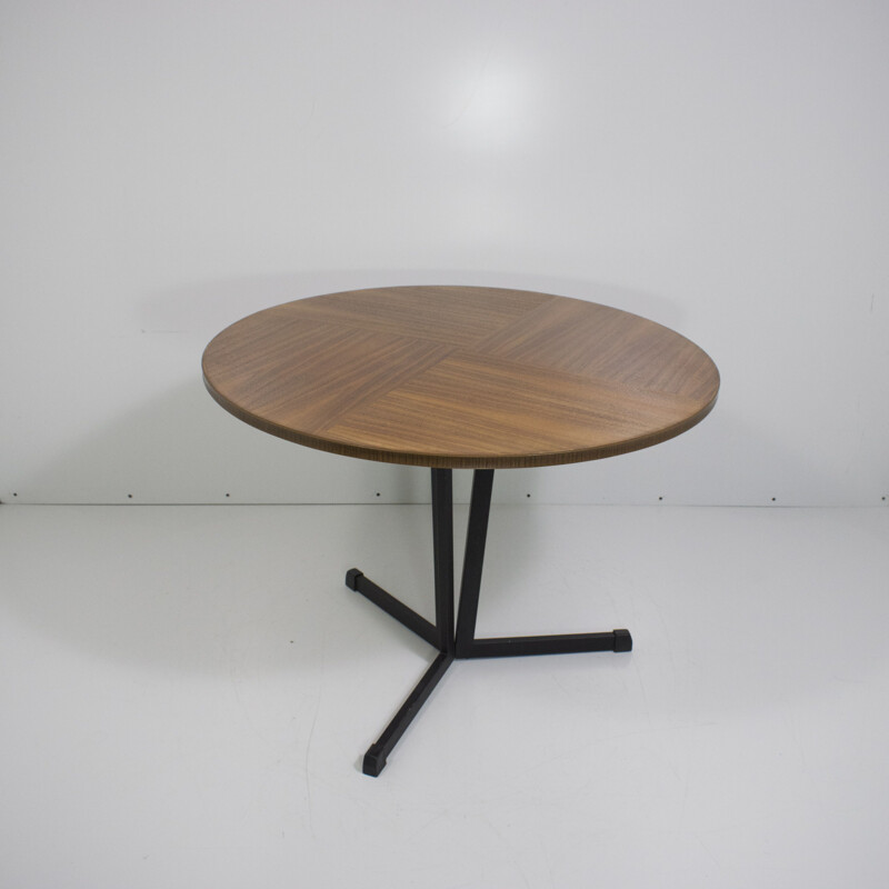 Table basse vintage ronde en bois et métal laqué noir 1960