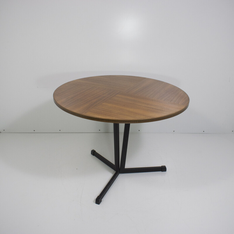 Vintage round coffee table in wood and black lacquered metal 1960