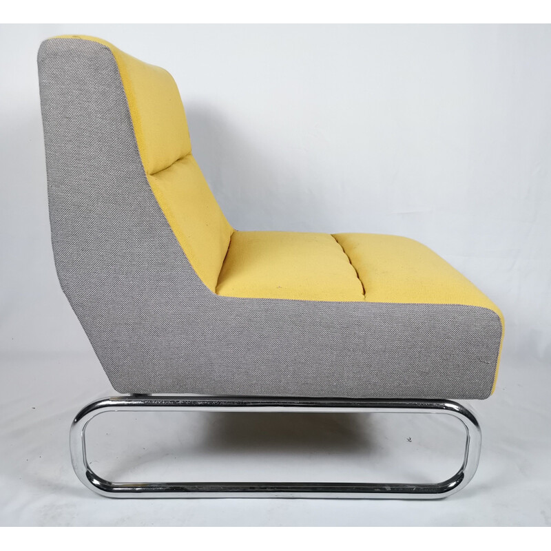 Vintage easy chair in yellow and grey fabric, chrome 1980