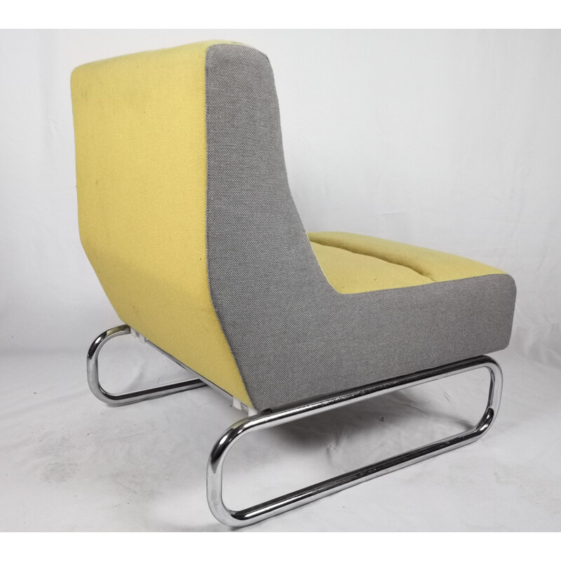 Vintage easy chair in yellow and grey fabric, chrome 1980