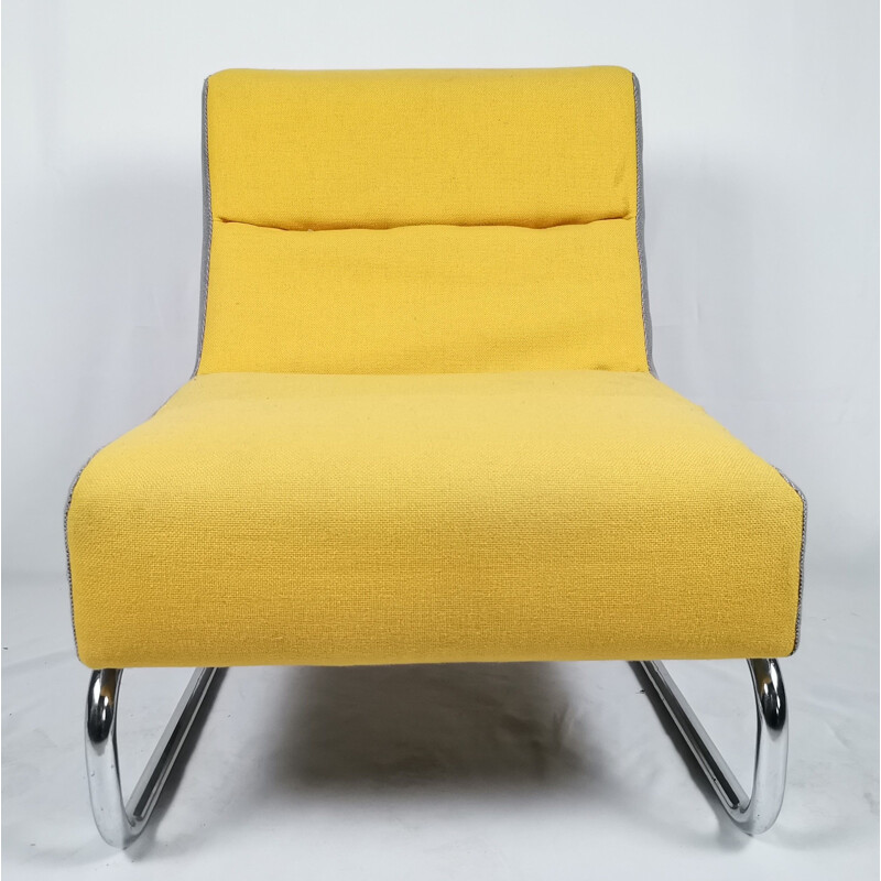 Vintage easy chair in yellow and grey fabric, chrome 1980