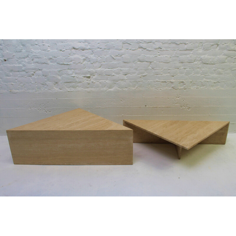 Pair of vintage triangular travertine tables, UP & UP
