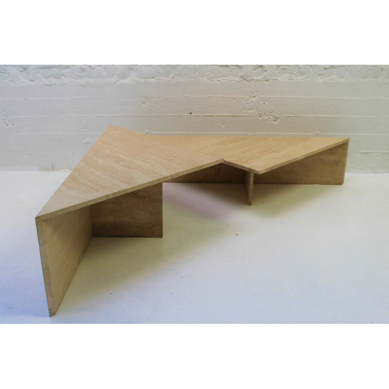 Pair of vintage triangular travertine tables, UP & UP