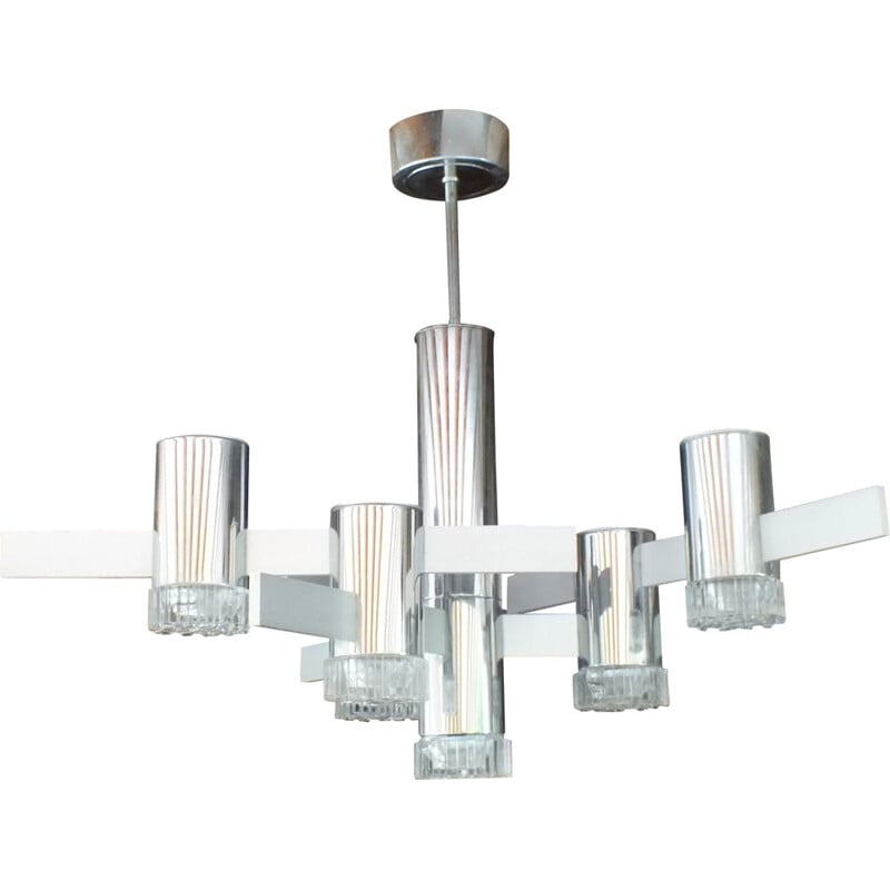 Vintage aluminum and chrome glass chandelier by Gaetano Sciolari, Italy 1970