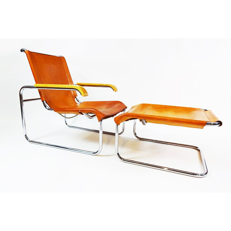 Vintage B35 leder en chroom sledefauteuil en bijpassende poef van Marcel Breuer, 20e eeuw