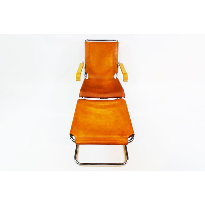 Vintage B35 leder en chroom sledefauteuil en bijpassende poef van Marcel Breuer, 20e eeuw