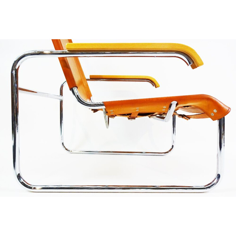 Vintage B35 leather and chrome cantilever chair and matching footstool by Marcel Breuer, 20th century