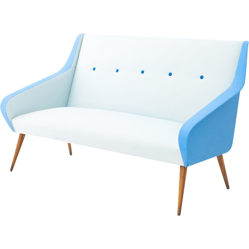 Swedish 2-seater sofa in white and blue skai - 1950s