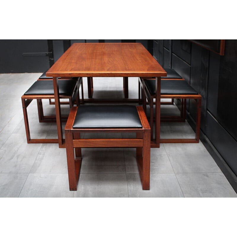 Vintage teak lounge dining table and stool chairs by Erik Buch Danish