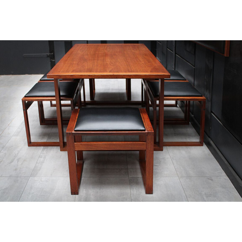 Vintage teak lounge dining table and stool chairs by Erik Buch Danish