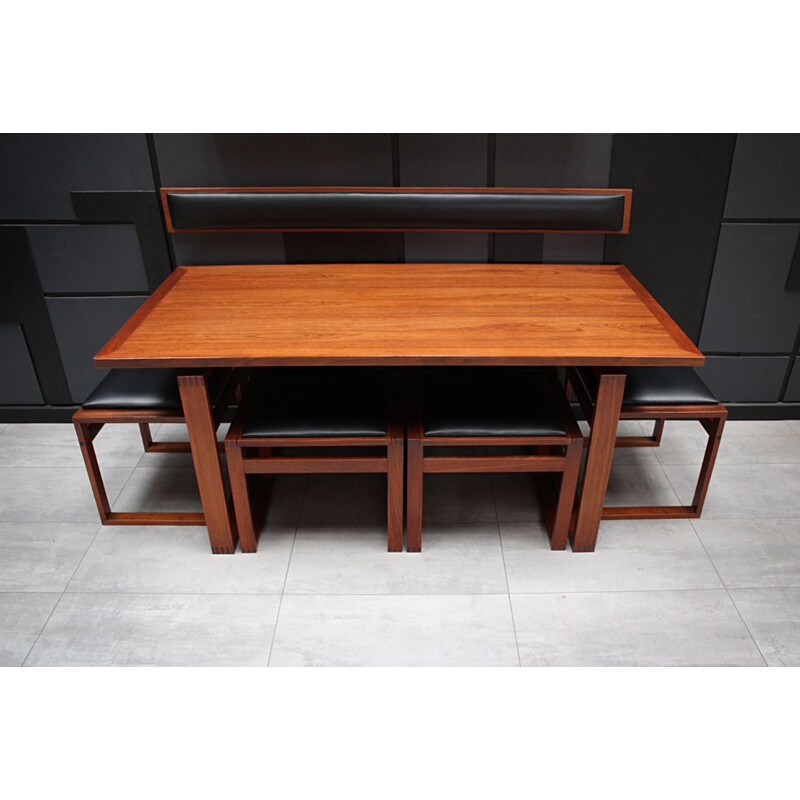 Vintage teak lounge dining table and stool chairs by Erik Buch Danish