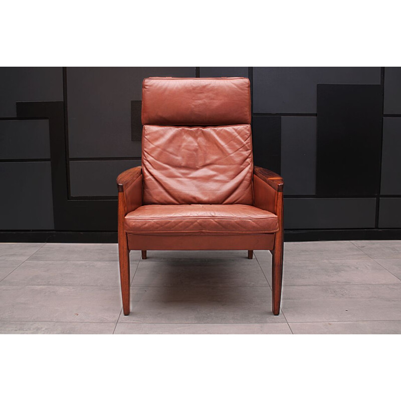 Mid century Cognac Leather high back lounge chair by Hans Olsen Danish 1961