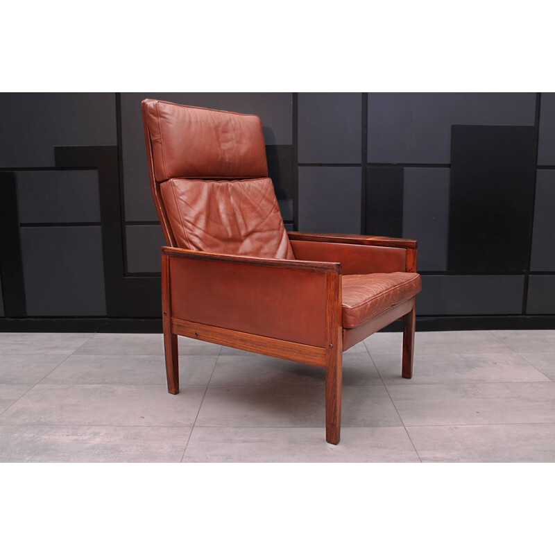 Mid century Cognac Leather high back lounge chair by Hans Olsen Danish 1961