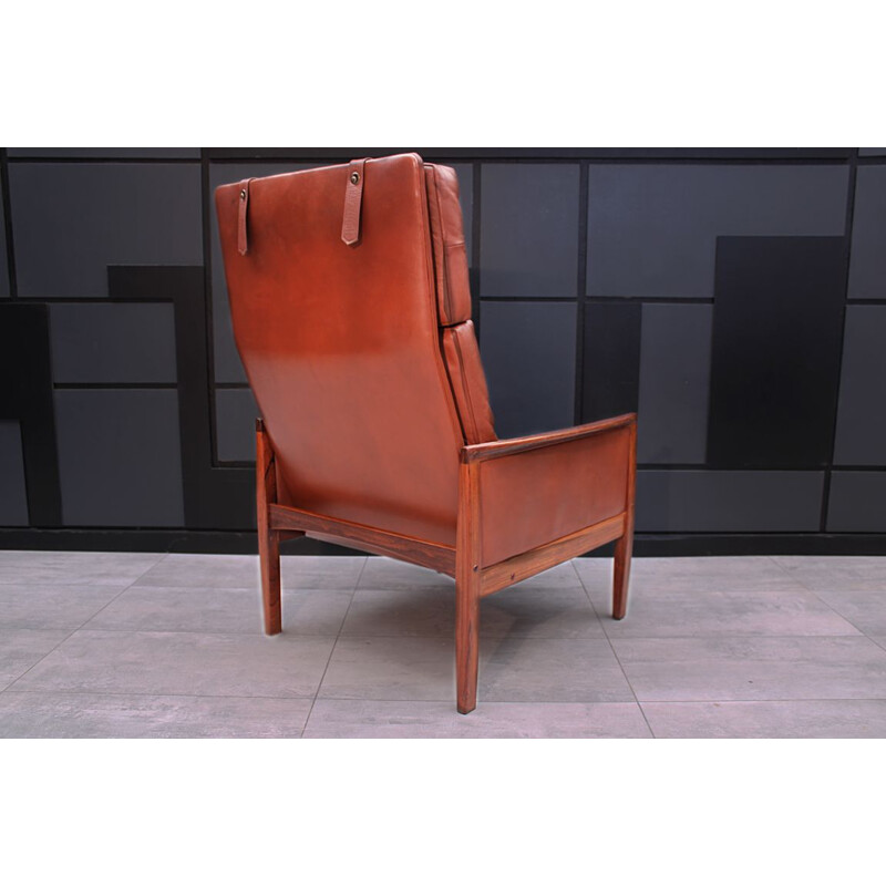 Mid century Cognac Leather high back lounge chair by Hans Olsen Danish 1961