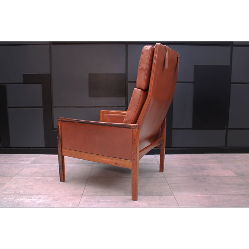 Mid century Cognac Leather high back lounge chair by Hans Olsen Danish 1961