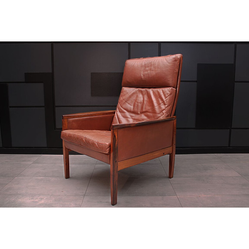 Mid century Cognac Leather high back lounge chair by Hans Olsen Danish 1961