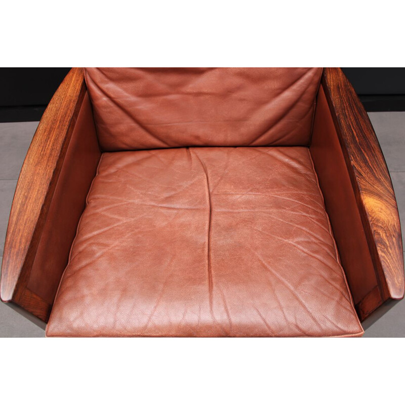 Mid century Cognac Leather high back lounge chair by Hans Olsen Danish 1961