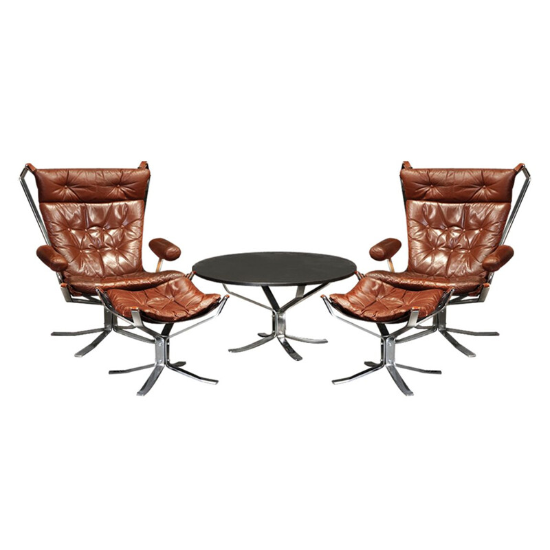 Mid-century Sigurd Ressell chrome and leather Falcon lounge chairs, footstools and coffee table