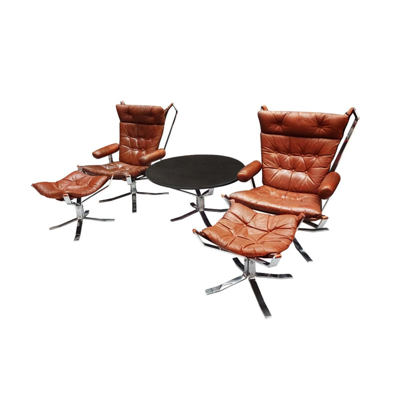 Mid-century Sigurd Ressell chrome and leather Falcon lounge chairs, footstools and coffee table