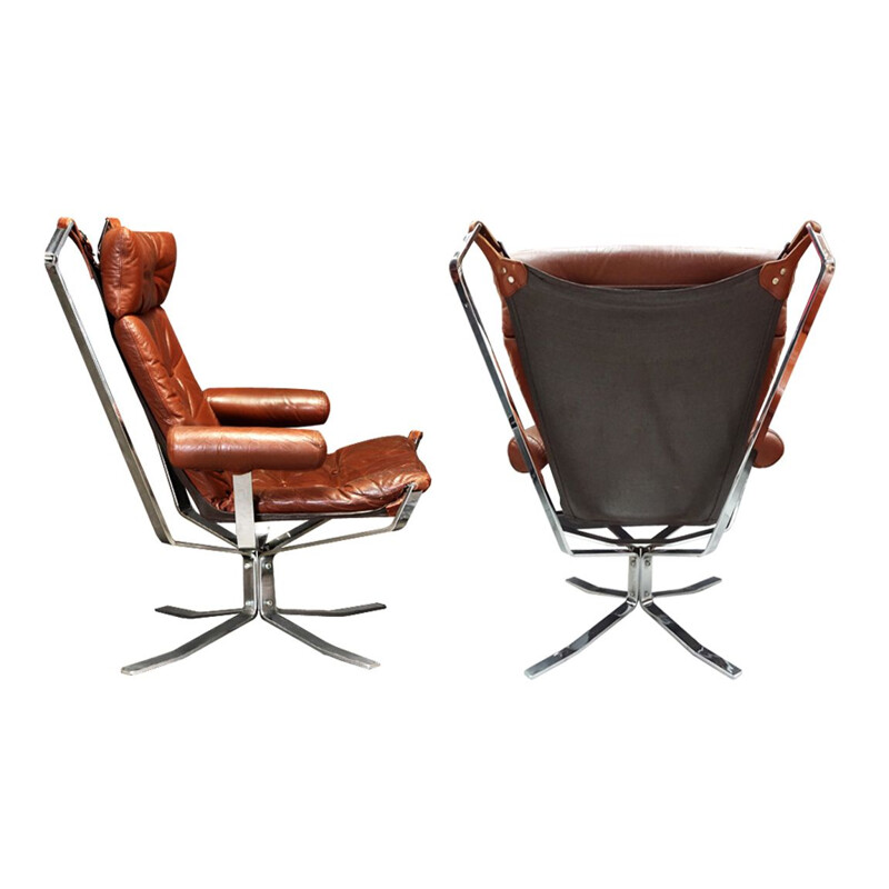 Mid-century Sigurd Ressell chrome and leather Falcon lounge chairs, footstools and coffee table