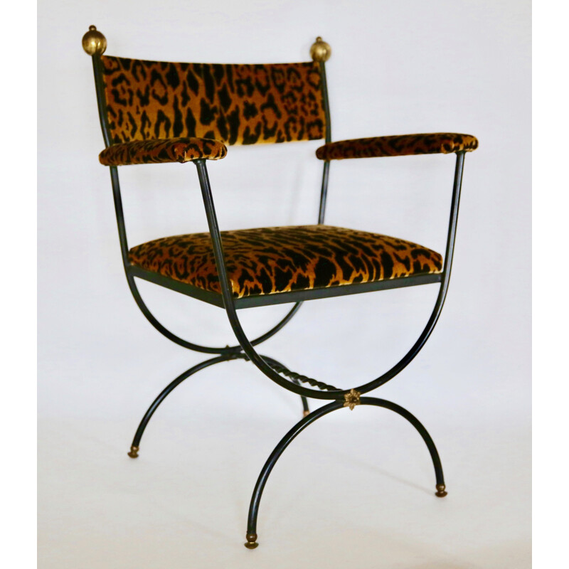 Vintage curule fauteuil in zijde fluweel Leopardo 1960