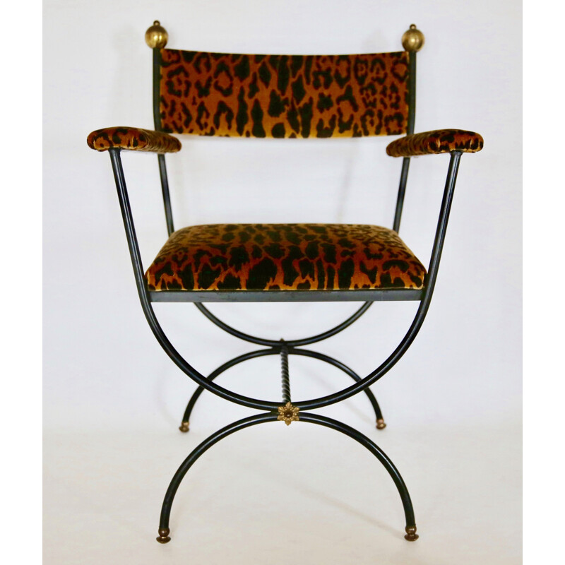 Vintage Curule Seat in Leopardo Silk Velvet 1960s