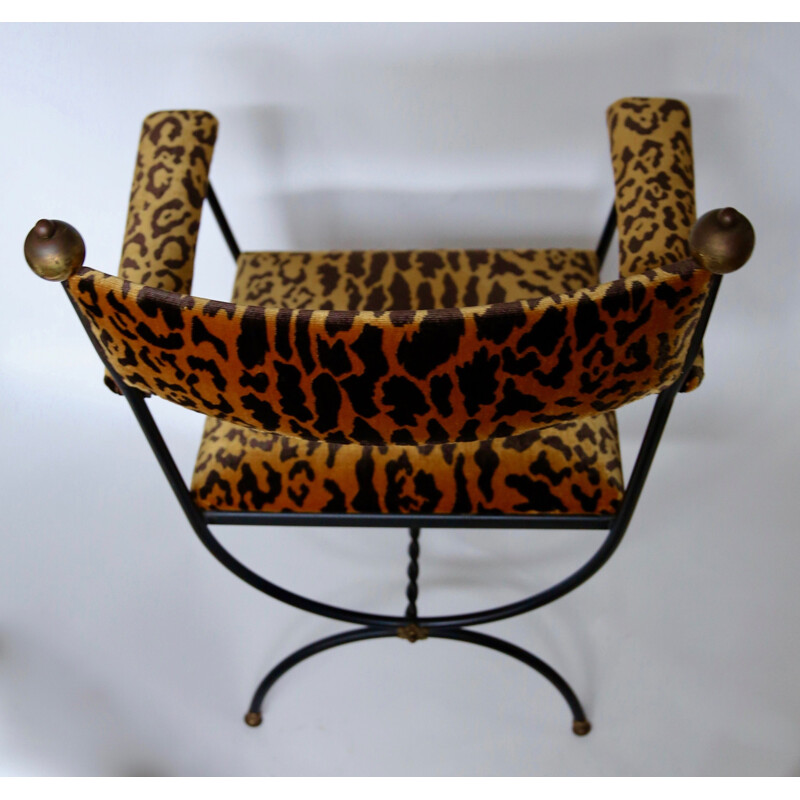 Vintage curule fauteuil in zijde fluweel Leopardo 1960