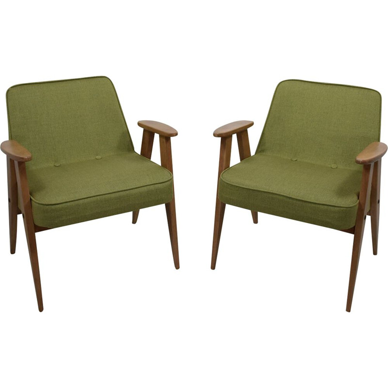 Pair of vintage armchairs with compass feet, 366 green by J. Chierowski 1959 