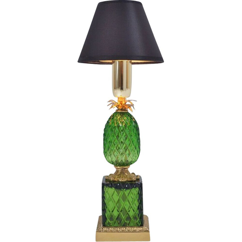 Lampe vintage ananas Maison Charles, cristal et bronze doré, Français 1950
