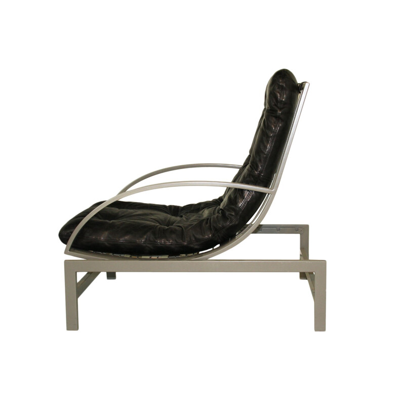 Vintage multi-adjustable leather and steel lounge chair by Guy Lefevre 1970