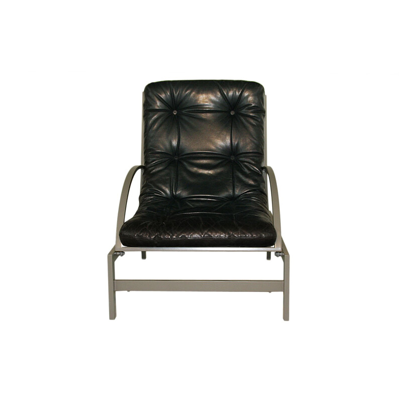 Vintage multi-adjustable leather and steel lounge chair by Guy Lefevre 1970