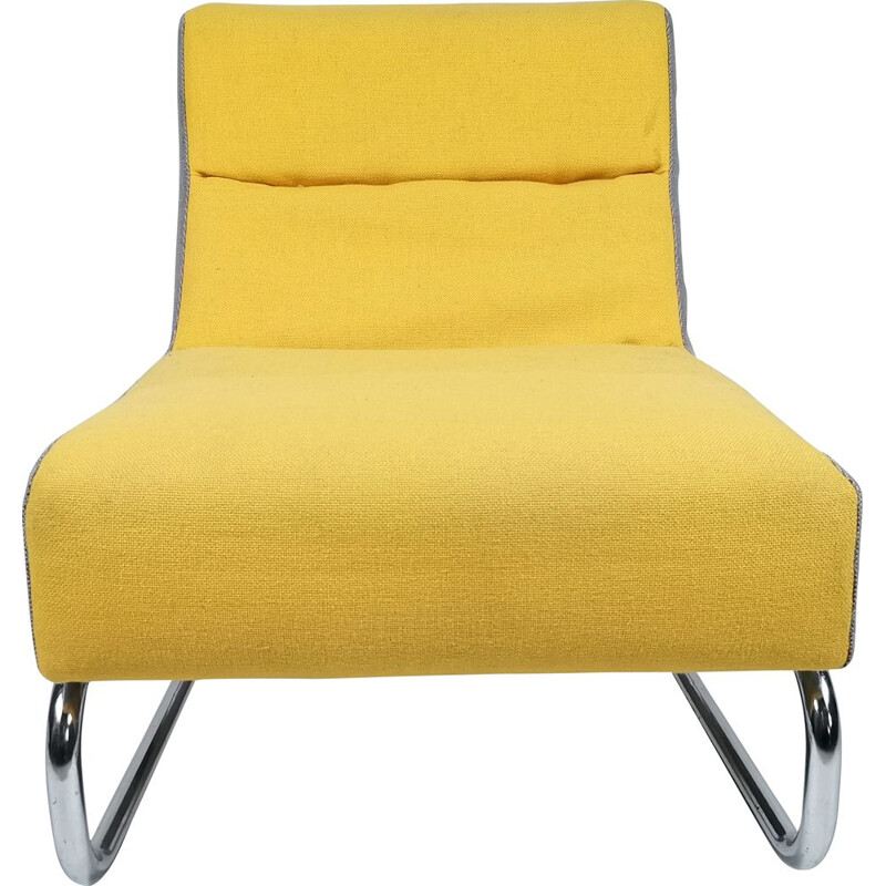 Vintage easy chair in yellow and grey fabric, chrome 1980