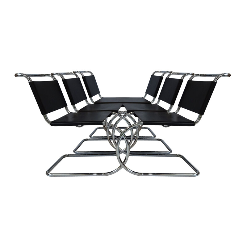 Ensemble de 6 chaises vintage Mies van der Rohe MR10 en cuir noir pour Knoll International