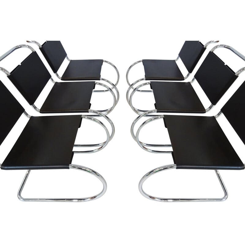 Set of 6 vintage black leather & chrome Mies van der Rohe MR10 chairs for Knoll International
