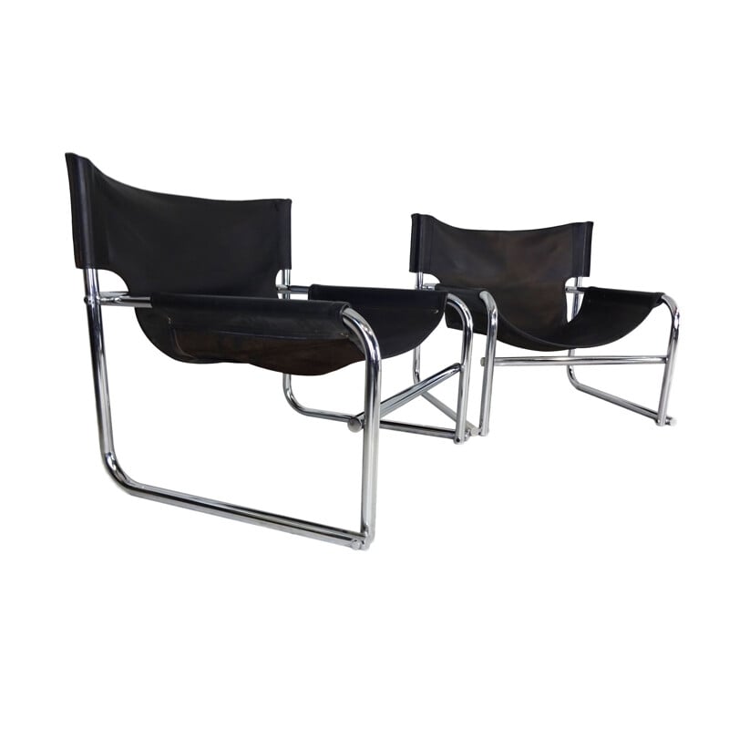 Mid Century Pair of  black leather sling chairs by Rodney Kinsman for OMK 1966