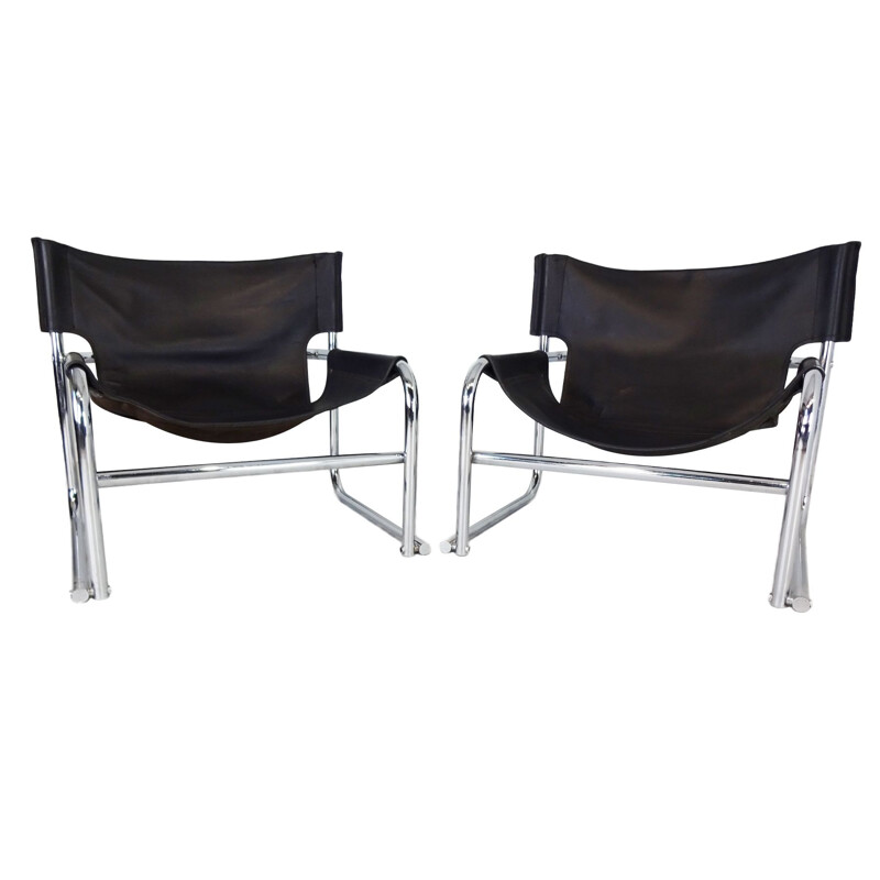 Paire de fauteuils vintage en cuir noir par Rodney Kinsman pour OMK 1966