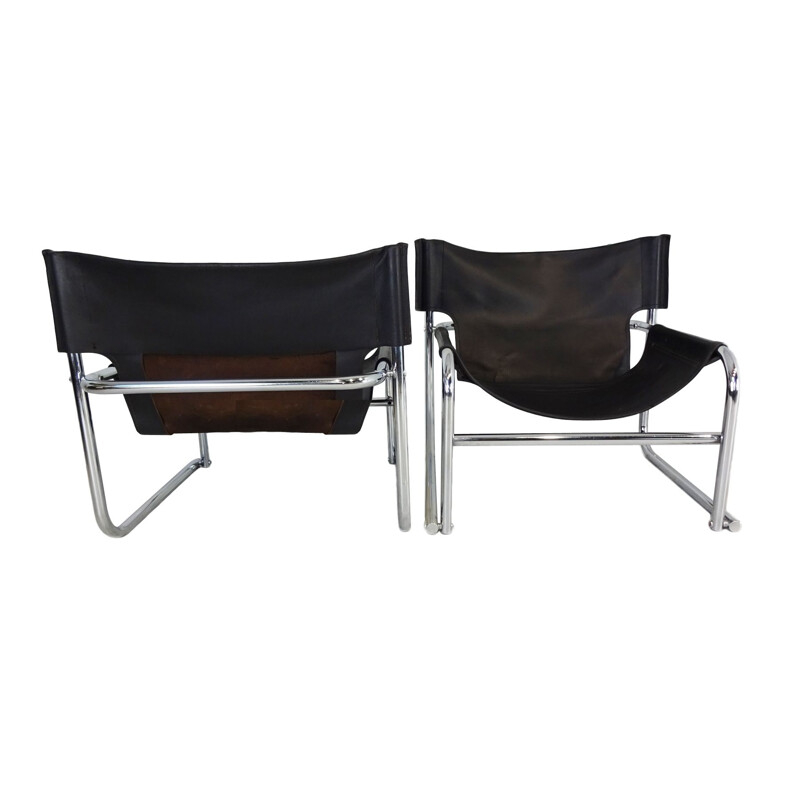 Mid Century Pair of  black leather sling chairs by Rodney Kinsman for OMK 1966