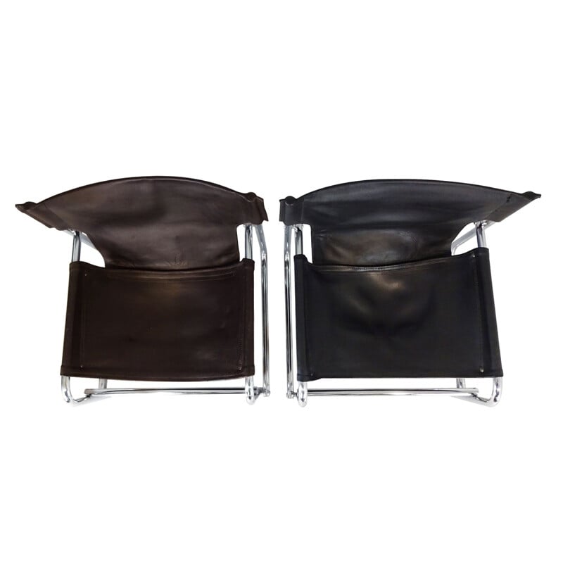 Mid Century Pair of  black leather sling chairs by Rodney Kinsman for OMK 1966