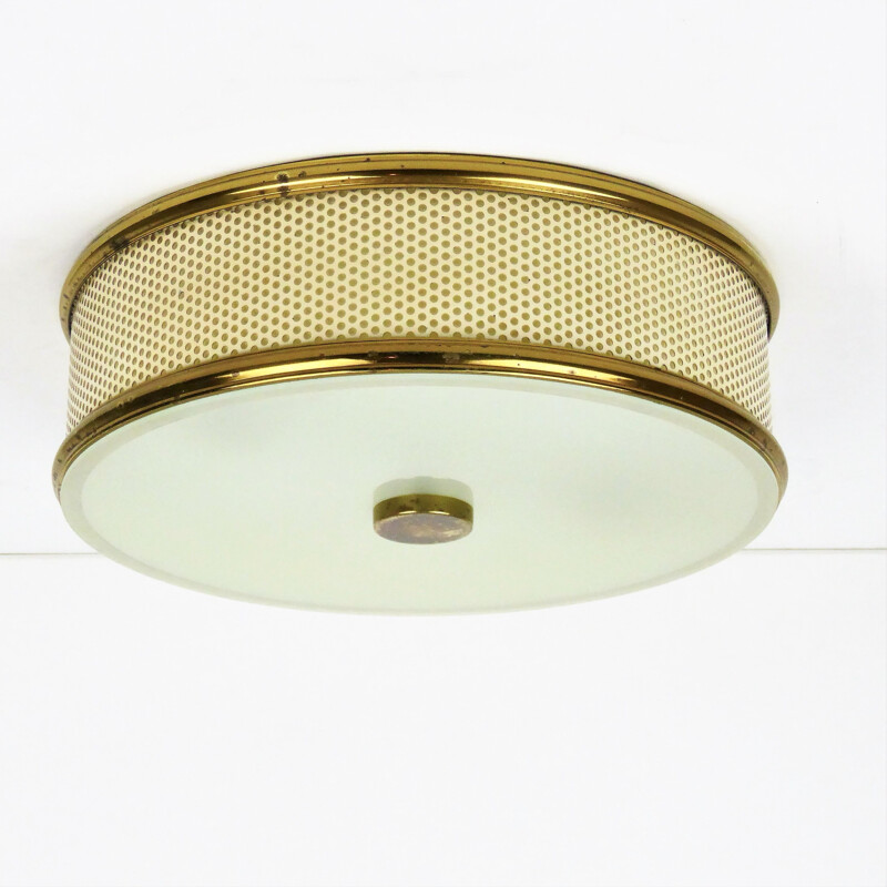 Vintage Lunel metal perforated round ceiling light 1950 