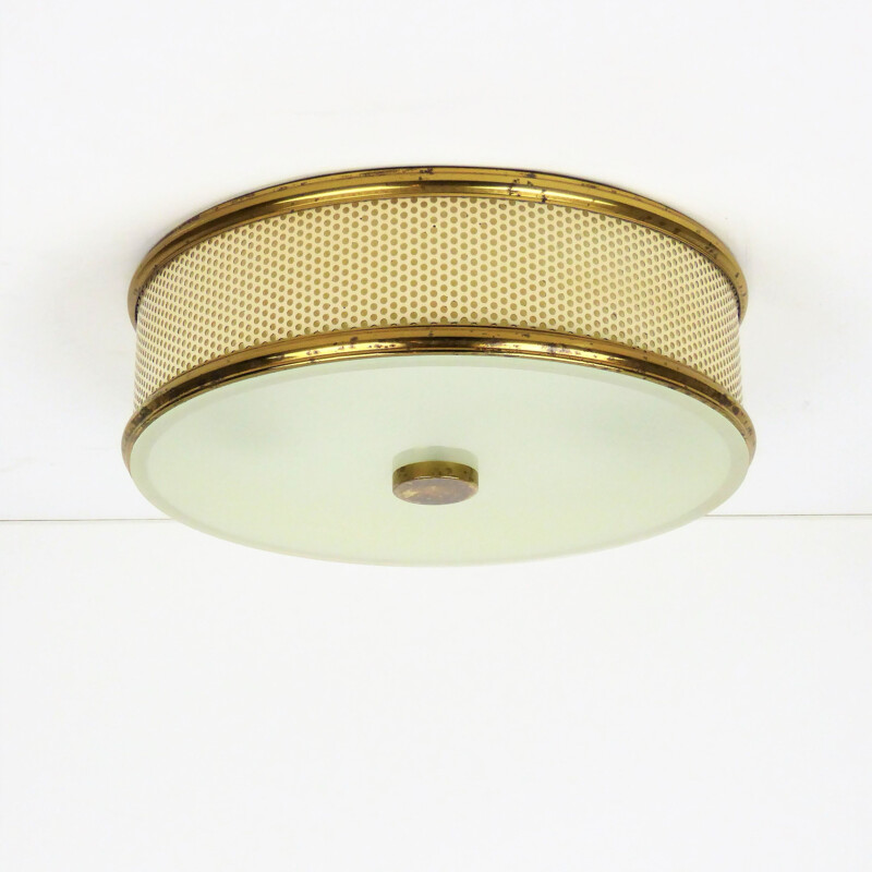 Vintage Lunel metal perforated round ceiling light 1950 