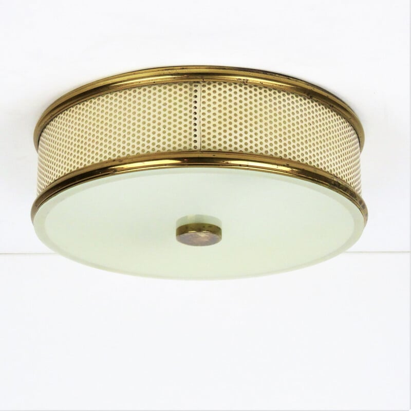 Vintage Lunel metal perforated round ceiling light 1950 