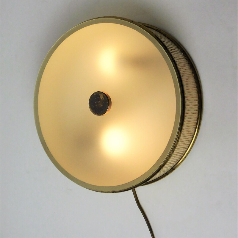 Vintage Lunel metal perforated round ceiling light 1950 