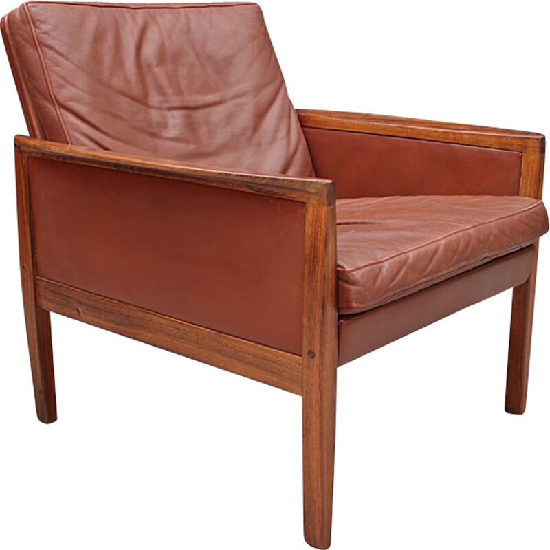 Mid century Cognac Leather short back lounge chair by Hans Olsen Danish  1961