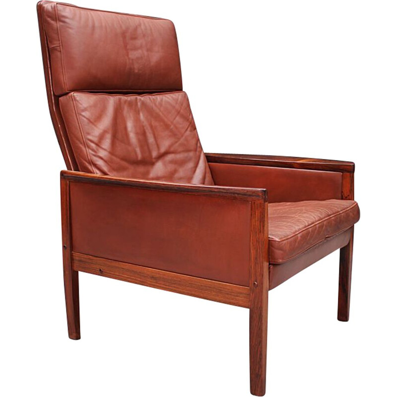 Fauteuil lounge vintage à haut dossier en cuir Cognac par Hans Olsen Danish 1961