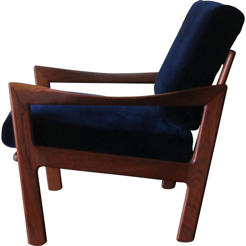 Fauteuil lounge vintage en teck et velours bleu par Illum Wikkelsø pour Niels Eilersen 1960