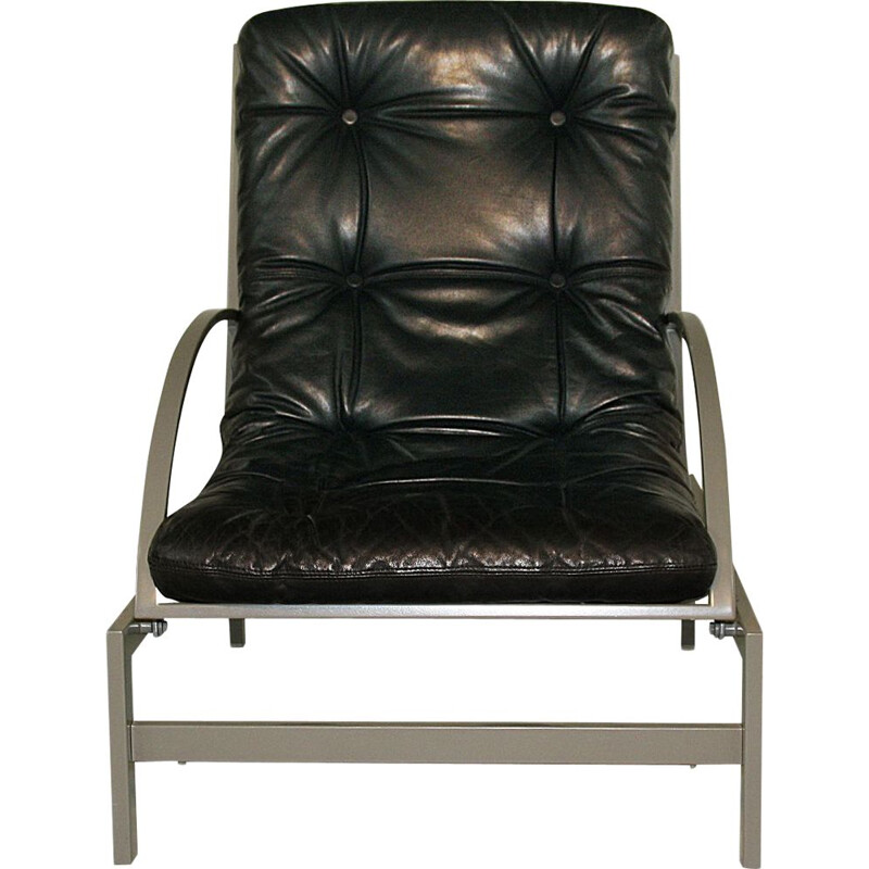 Vintage multi-adjustable leather and steel lounge chair by Guy Lefevre 1970