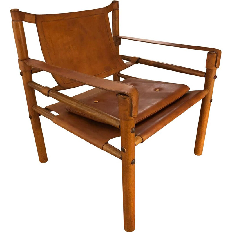 Vintage Safari armchair wood and Scandinavian leather 1960